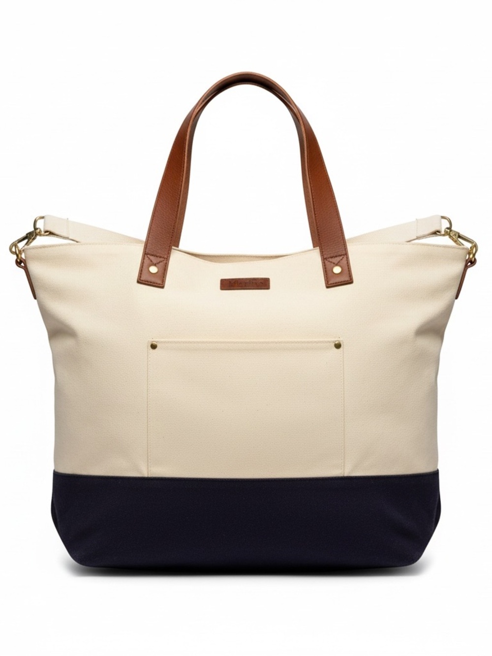 Two-Tone Canvas Tote Bag in Cream and Navy with Brown Handles